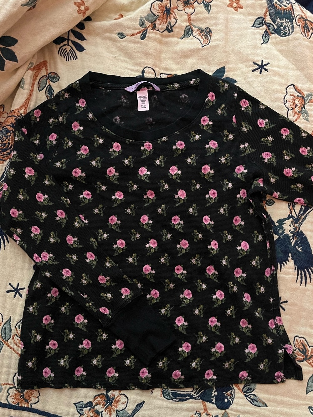Victoria's Secret Black Long-Sleeve Tee with Pink Rose Print SET OF 5!